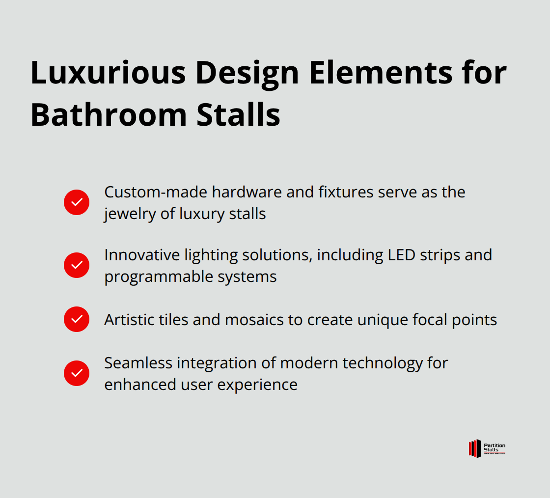 Checkmark list of luxurious design elements for bathroom stalls: custom hardware, innovative lighting, artistic tiles, and seamless technology - luxury bathroom stalls
