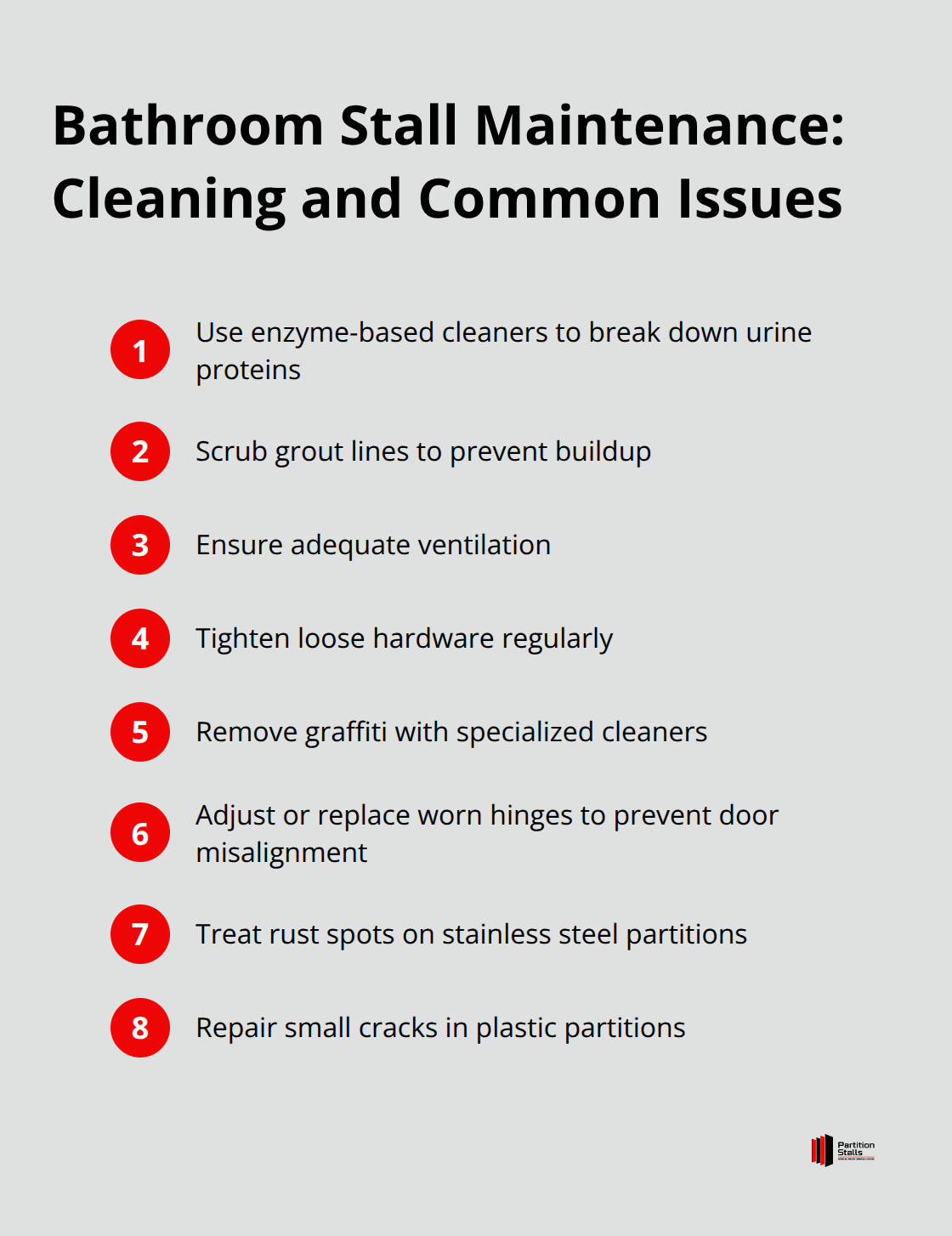 Ordered list of bathroom stall maintenance tasks, including cleaning routine steps and common wear and tear issues - private bathroom stalls